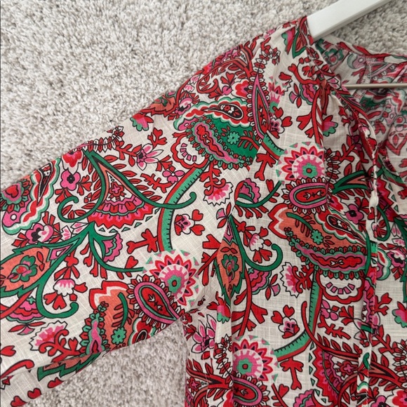 Boden Serena Paisley Print Cotton Split Neck Top in Pink & Green - Size 6 - Picture 3 of 10